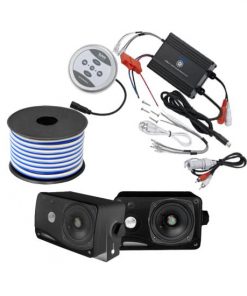 Pyle KTHSP410 600Watts Marine Sound System with Bluetooth Amplifier(Black),3.5" 3 Way Mini Box Speaker(Black) and Speaker Wire (KTHSP410B)