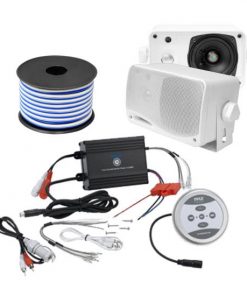 Pyle KTHSP410 600 Watts Marine Sound System with Bluetooth Amplifier(Black),3.5" 3 Way Mini Box Speaker(White) and Speaker Wire (KTHSP410W)