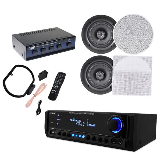 Pyle KTHSP690S 4 Pairs of 200W 6.5" In-Ceiling Speakers w/ 300W Receiver/Amplifier & 4 Channel Speaker Selector (KTHSP690S)