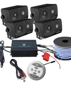 Bluetooth Marine 1200 Watt 4-Channel Amplifier w/ 4 x 3.5" 200 Watt 3-Way Weather Proof Mini Box Speakers & 18 Gauge 50 FT Stereo Marine Grade Speaker Wire (KTMBT7B)