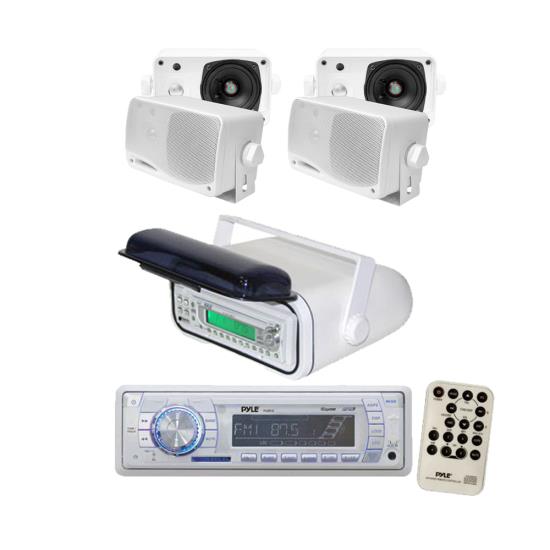 Pyle In-Dash Marine AM/FM USB/SD Stereo Player Receiver Aux-In for iPod/MP3 + 4 x 3.5" 200W Speakers & Wireless Remote Control + Stereo Housing (KTMRGS09)