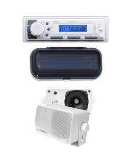 Marine In-Dash Receiver with AM/FM Radio, AUX Input SD/USB Memory Readers3.5'' 200 Watt 3-Way Weather Proof Mini Box Speaker System Water Resistant Radio Shield (White) (KTMRGS53)