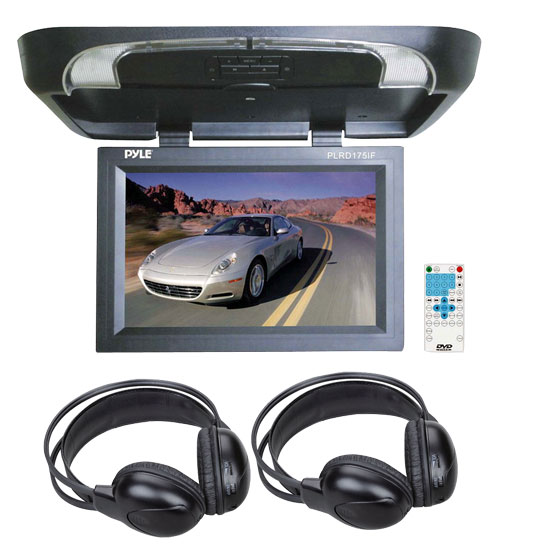 17'' Flip Down Monitor w/ Built in DVD/ SD/ USB Player w/ Wireless FM Modulator & IR Transmitter + Two Wireless IR Mobile Video Stereo Headphones (KTMVGST71)