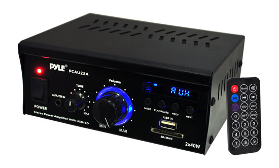 Stereo Power Amplifier System - Digital Audio Speaker Amp with MP3/AUX/USB/SD Readers, LED Display, 2 x 40 Watt (PCAU25A)