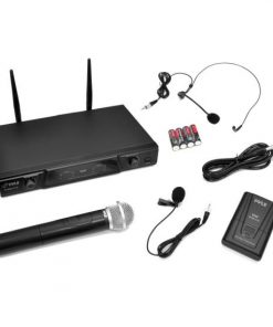VHF Wireless Microphone Receiver System with Independent Volume Control Includes Belt Pack Transmitter, Headset, Handheld and Lavalier Microphones (PDWM2115)