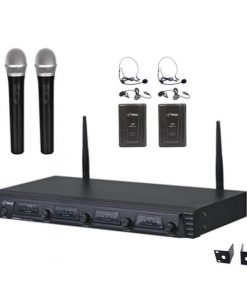 Wireless Microphone System, UHF Quad Channel Fixed Frequency, 2 Handheld Microphones, 2 Body-Pack Transmitters, 2 Headset & 2 Lavalier Mics, Rack Mountable (PDWM4540)