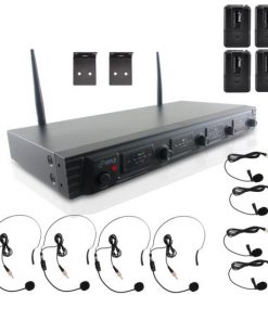 Wireless Microphone System, UHF Quad Channel Fixed Frequency, Rack Mount, Includes (4) Belt-Pack Transmitters, (4) Headset Mics & (4) Lavalier Mics (PDWM4560)
