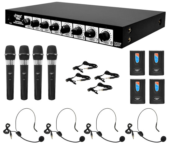 8 Channel Wireless Microphone System - Rack Mountable with 4 Lavalier Mics, 4 Headsets, & 4 Handheld Mics (PDWM8700)
