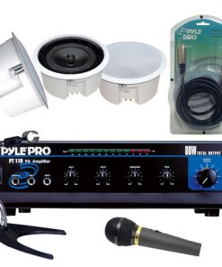 80 WATT AC/DC Microphone PA Mono Amplifier w/ 70V Output & Mic Talkover + 5'' In Ceiling Flush Mount Enclosure Speaker System w/Rotary Tapping 70V Transformer + Dynamic Microphone + U-Base Gooseneck Desktop Microphone Stand + 15ft. XLR Male to XLR Fem (PHPK212)