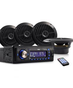 Marine Stereo Radio Headunit Receiver & Waterproof Speaker Kit, Aux (3.5mm) MP3 Input, CD Player, Remote Control, Includes (2) 5.25'' Speakers, Receiver Splash Cover (Black) (PLCD14MRKT)