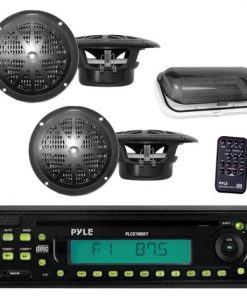 Marine Stereo Radio Headunit Receiver & Speaker Kit, MP3/USB/SD Readers, CD Player, AM/FM Radio, Single DIN, (4) Waterproof 5.25'' Speakers, Splash Proof Cover (Black) (PLCD7MRKT)