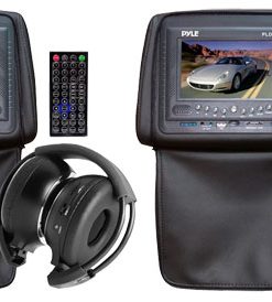 Pair of Adjustable Headrests w/ Built-In 7'' TFT/LCD Monitor w/ Built in DVD Player & IR/FM Transmitter With Cover (Black Color) (RBPLD76BK)