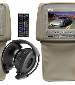 Pair of Adjustable Headrests w/ Built-In 7'' TFT/LCD Monitor w/ Built in DVD Player & IR/FM Transmitter With Cover (Tan Color) (RBPLD76TN)
