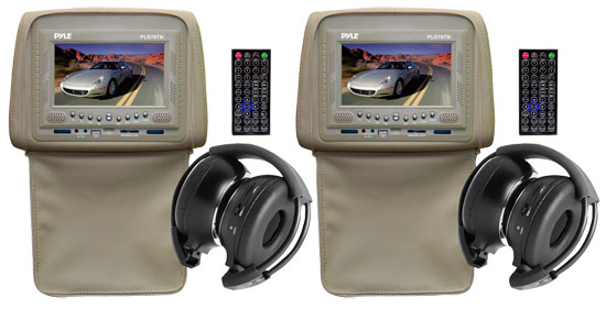 Pair of Adjustable Headrests w/ Built-In 7'' TFT/LCD Monitor w/ Built in DVD Player & IR/FM Transmitter With Cover (Tan Color) (RBPLD76TN)