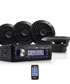 Stereo Radio Headunit Receiver & Speaker Kit, Aux (3.5mm) MP3 Input, USB Flash & SD Card Readers, Remote Control, Includes (4) Waterproof 6.5'' Speakers, Single DIN (Black) (PLMRKT14BK)