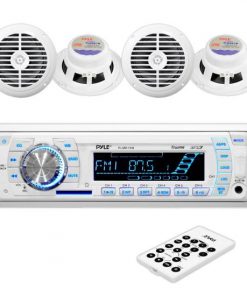 Stereo Radio Headunit Receiver & Speaker Kit, Aux (3.5mm) MP3 Input, USB Flash & SD Card Readers, Remote Control, Includes (4) Waterproof 6.5'' Speakers, Single DIN (White) (PLMRKT34WT)