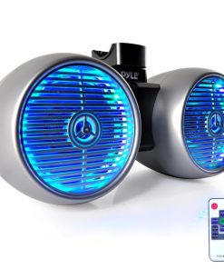 Dual Marine Tower Speakers, Wakeboard Water Resistant Sound System, Built-in Programmable Multi-Color LED Lights, 6.5'' Tower Speakers, 400 Watt, Remote Control, Silver (PLMRWB652LES)