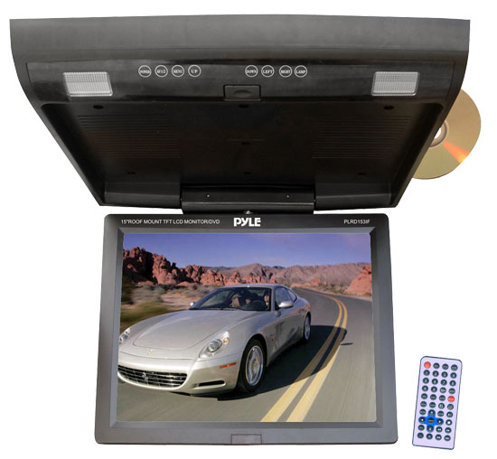 15.1'' Flip Down Monitor w/ Built In DVD/SD/USB player w/ Wireless FM Modulator/ IR Transmitter (PLRD153IF)