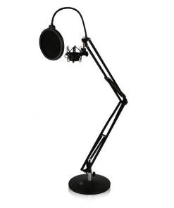 Tabletop Suspension Microphone Boom Stand - Studio Scissor Arm Mic Mount, Includes Pop Filter & Anti-Vibration Shock Mount (PMKSH24)