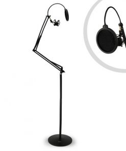 Floor-Standing Suspension Microphone Boom Stand - Studio Scissor Arm Mic Mount, Includes Pop Filter & Anti-Vibration Shock Mount (PMKSH28)