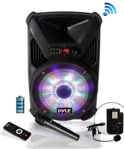 Portable PA Speaker & Microphone System, Bluetooth Wireless Streaming, Built-in Rechargeable Battery, Dancing LED Party Lights (Includes Wired & Headset Mics) (PPHP126WMU)