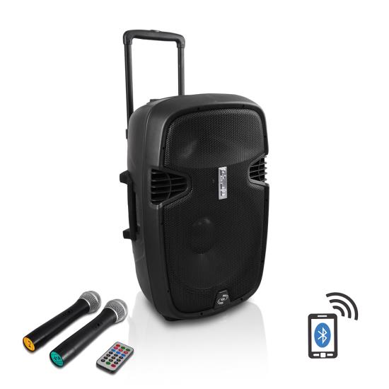 15'' 1600 Watt Bluetooth Music Streaming Portable Loudspeaker System - Built-in Rechargeable Battery, 2 Wireless Mics, FM Radio, LCD Readout, USB & SD Card Readers (RBPPHP159WMU)
