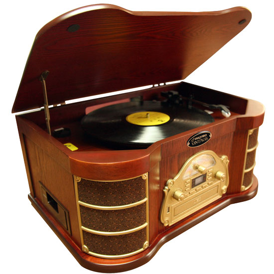Classical Turntable with AM/FM Radio/ CD/ Cassette/ USB Recording & iPod Player (PTCDS2UI)