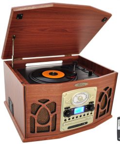 Retro Vintage Turntable System with Built-in Speakers -  Plays AM/FM Radio, CD, Cassette & MP3s - USB Card & SD Memory Slots, Vinyl-to-MP3 Encoding & Built-in Slide-Out iPod/MP3 Player Compartment (Wood Finish) (RBPTCDS7UIW)
