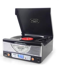 Retro Turntable with AUX Input/Radio/USB/SD/MP3 and Vinyl-to-MP3 Encoding (Black) (RBPTR8UB)