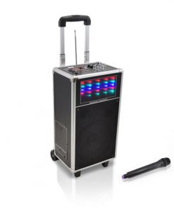 400 Watt Portable PA Speaker System with USB/SD Readers, FM Radio, 3.5mm Input, Microphone Inputs, VHF Wireless Microphone, Rechargeable Battery and Flashing Lights (RBPWMA850UFM)