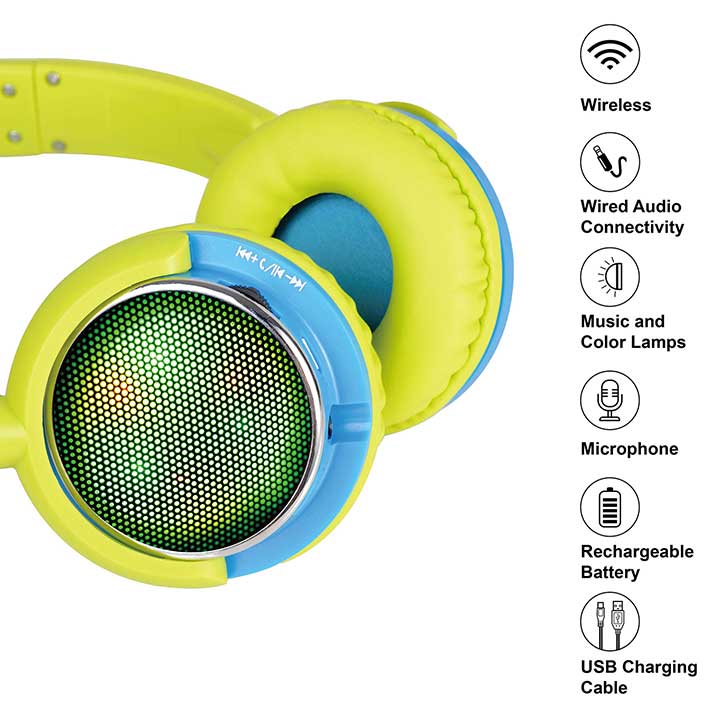Contixo Kids Headphones (Blue/Yellow) Over Ear Wireless Btooth LED Vol Limiter Microphone FM Radi KB300BLYW - Image 2